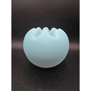 Vintage Blue And White Satin Cased Blown Glass Rose Bowl Pinched Edge